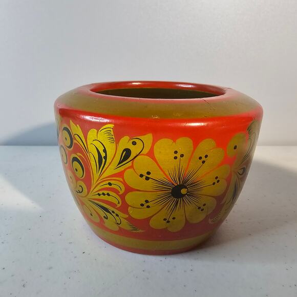 Vintage USSR Lacquer KHOKHLOMA Russian Wooden Hand painted Bowls & Vase Lot of 3 - Picture 10 of 16